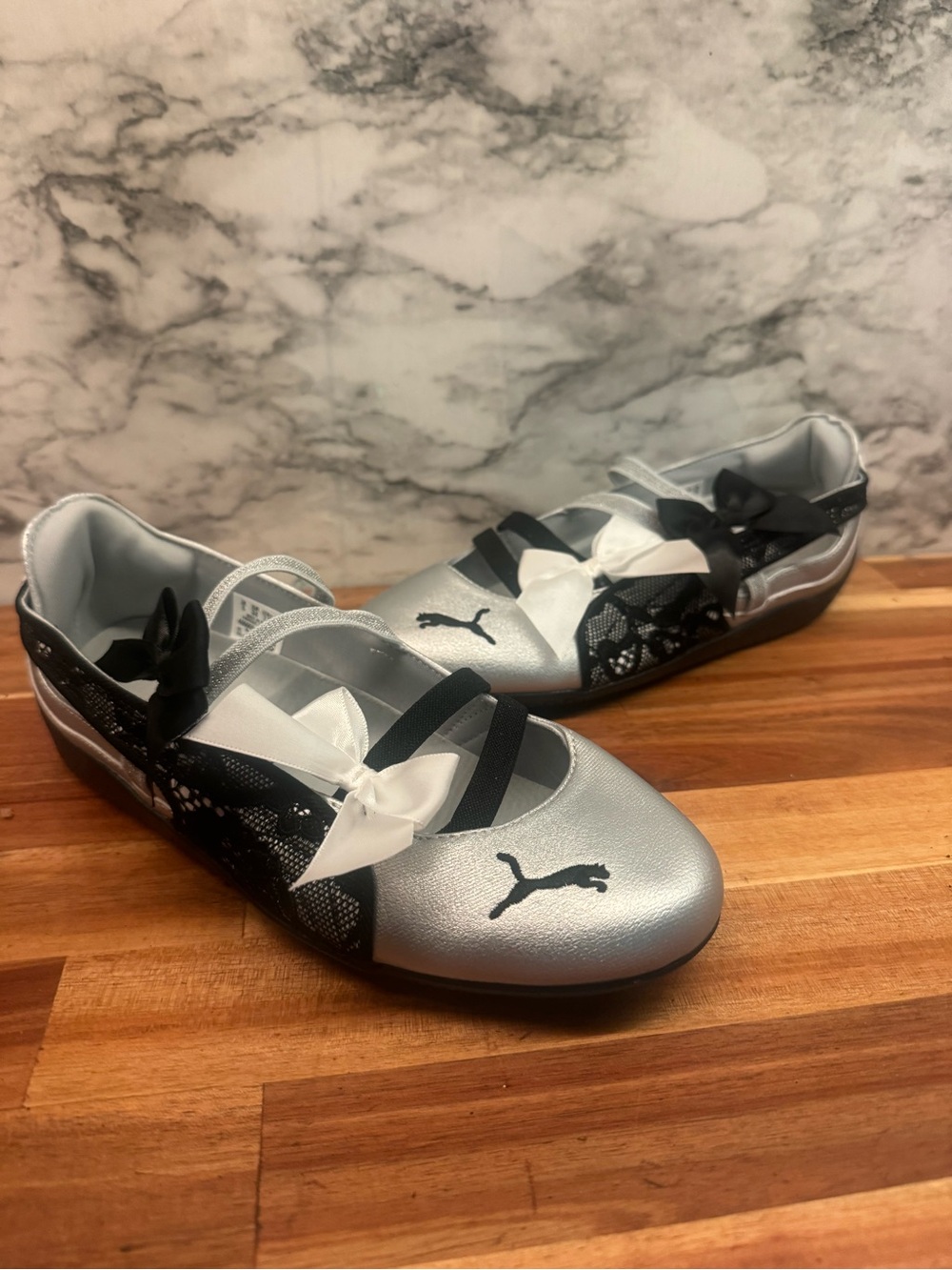 PUMA Silver & Black Ballet Flats with Bow Accent
